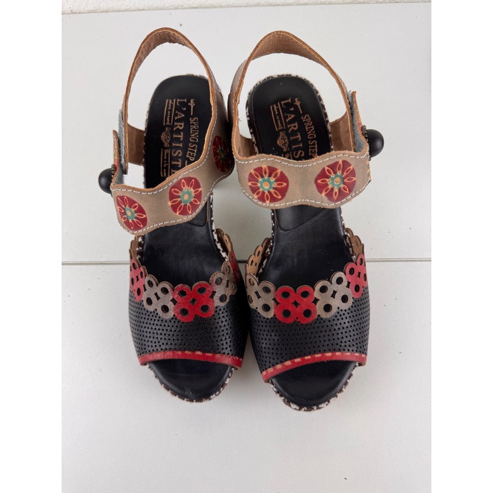 L'Artiste by Spring Step Jive Leather Floral Open Toe‎ Slingback Heels Size 37